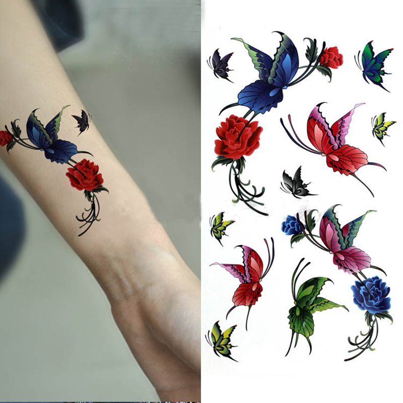 HM042waterproof temporary rose flower butterfly tattoo sticker