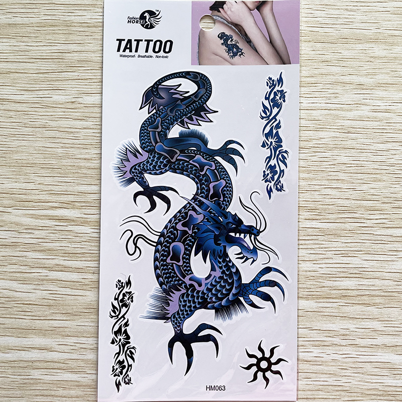 HM063 Temporary Blue Dragon Tattoo Sticker for hand and leg