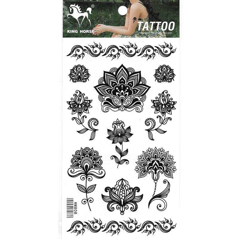 HM808 Nine different size small black flowers girls wrist ankle tattoo stickers
